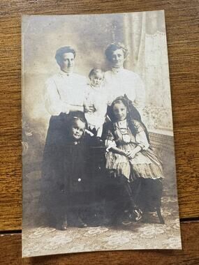 Antique 1908 RPPC Women Children Family Portrait Edwardian Real Photo Postcard